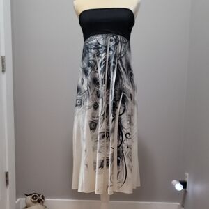 Black & White Strapless Peacock Feather Maxi Dress/Skirt Sz S